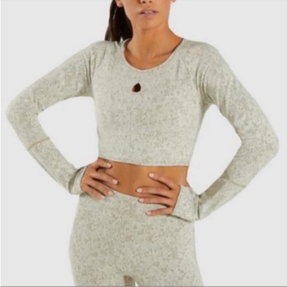 Gymshark Fleur Texture Long Sleeve Crop Top Green Workout Top Size Large